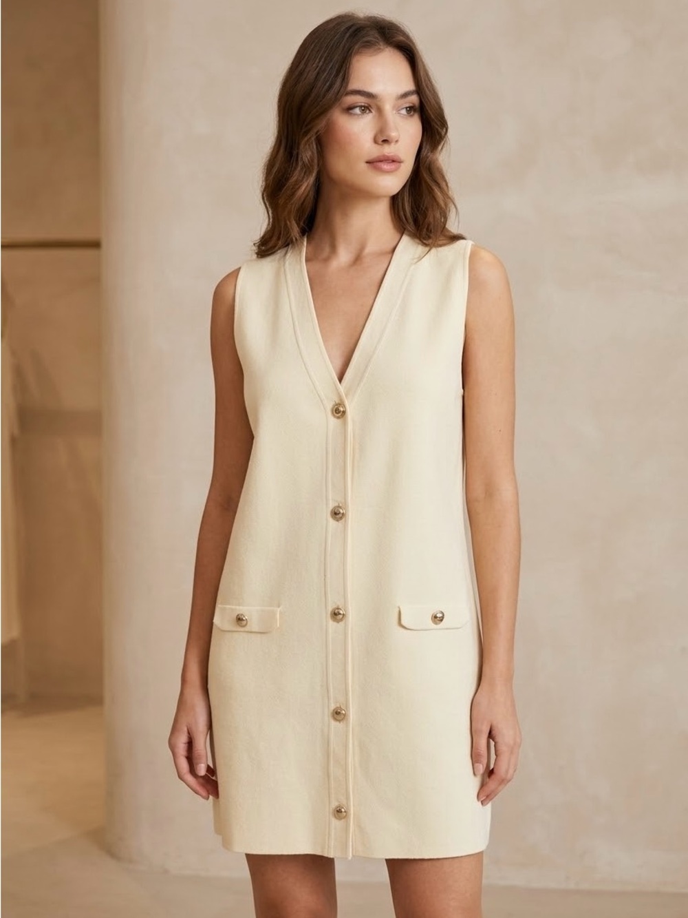 H&M Cream Button-Front Sleeveless mini dress